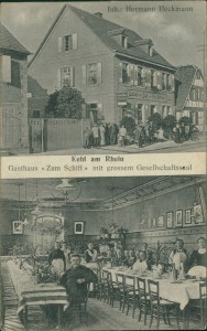 Alte Ansichtskarte Kehl am Rhein, Gasthaus "Zum Schiff" mit grossem Gesellschaftssaal. Inh.: Hermann Heckmann