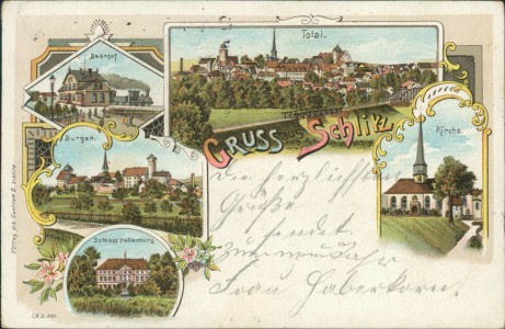 Alte Ansichtskarte Gruss aus Schlitz, Bahnhof, Total, Burgen, Kirche, Schloss Hallenburg