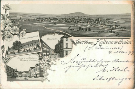 Alte Ansichtskarte Gruss aus Kaltennordheim, Gesamtansicht, Schloss (Amtsgericht), Neumarkt, Altmarkt mit Rathaus & Eingang z. Schloss
