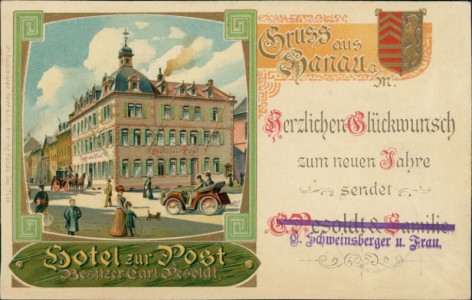 Alte Ansichtskarte Gruss aus Hanau a/M., Hotel zur Post Besitzer Carl Pesoldt