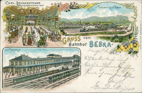 Alte Ansichtskarte Gruss aus Bebra, Car Schwerdtfeger Bahnhofsrestaurant, Totalansicht v. Bebra, Bahnhof