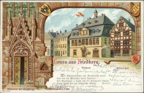 Alte Ansichtskarte Gruss aus Friedberg, Südportal der Stadtkirche, Rathaus, Pfälzer-Hof