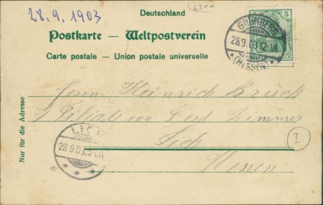 Adressseite der Ansichtskarte Grünberg i. Hessen, Gesamtansicht