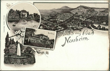 Alte Ansichtskarte Gruss aus Bad Nauheim, Teichhaus, Gesamtansicht, Kurhaus, Sprudel
