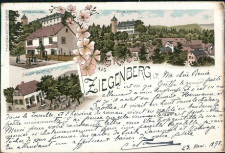 Alte Ansichtskarte Gruss aus Ziegenberg i. T., Wirtschaft z. Linde, Saal u. Gartenwirtschaft, Schloss Ziegenberg