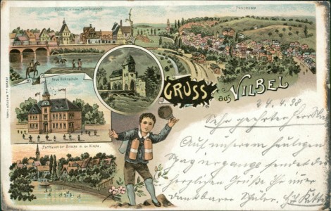 Alte Ansichtskarte Gruss aus Vilbel, Panorama, Neue Volksschule, Partie von der Brücke m. ev. Kirche