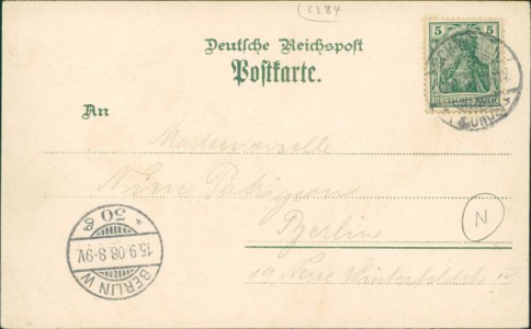 Adressseite der Ansichtskarte Gruss aus Schmitten i/Taunus, Gasthaus zum gelben Hirsch, Gesamtansicht, Pfarrhaus und Kirche