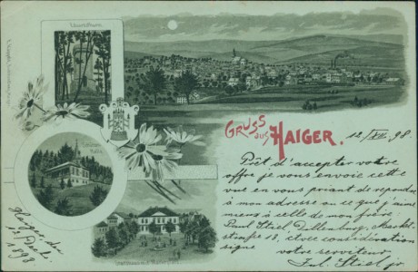 Alte Ansichtskarte Gruss aus Haiger, Eduarsturm, Gesamtansicht, Schützenhalle, Stadthaus mit Marktplatz