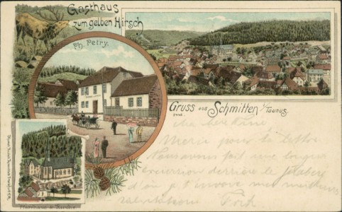 Alte Ansichtskarte Gruss aus Schmitten i/Taunus, Gasthaus zum gelben Hirsch, Gesamtansicht, Pfarrhaus und Kirche