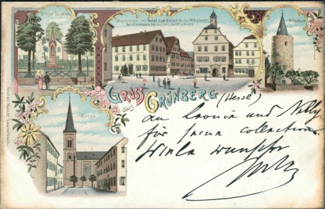 Alte Ansichtskarte Gruss aus Grünberg, Krieger-Denkmal, Marktplatz mit Hotel zum Hirsch (Besitzer W. Duchardt), Diebsthurm, Kirche