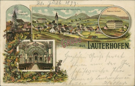 Alte Ansichtskarte Gruss aus Lauterhofen, Kirche mit Umgebung, Totalansicht Markt Lauterhofen, Kretinen-Anstalt