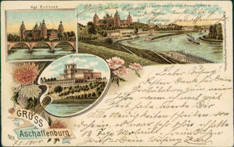 Alte Ansichtskarte Gruss aus Aschaffenburg, Kgl. Schloss, Aschaffenburg vom Pompejanum, Pompejanum