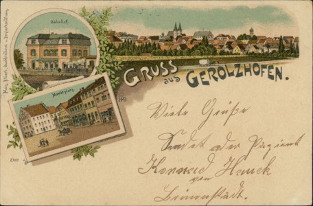 Alte Ansichtskarte Gruss aus Gerolzhofen, Bahnhof, Gesamtansicht, Marktplatz