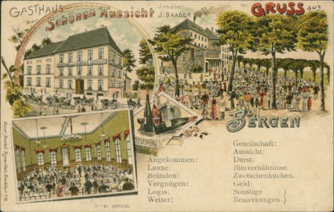 Alte Ansichtskarte Gruss aus Bergen, Gasthaus zur Schönen Aussicht, Inhaber J. Baader