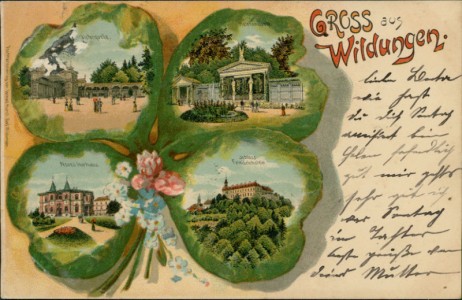 Alte Ansichtskarte Gruss aus Wildungen, Victorquelle, Helenenquelle, Neues Kurhaus, Schloss Friedrichstein