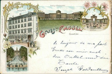 Alte Ansichtskarte Gruss aus Cassel, Hotel Maus, Schloss Wilhelmshöhe, Auethor, Herkules