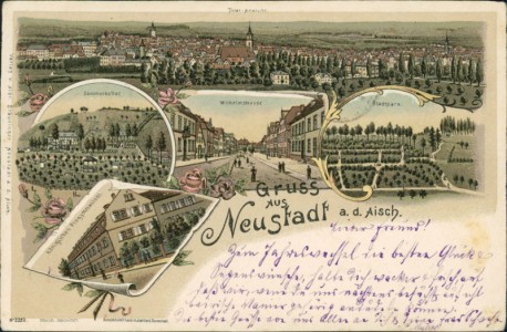 Alte Ansichtskarte Gruss aus Neustadt a. d. Aisch, Total-Ansicht, Sommerkeller, Wilhelmstrasse, Stadtpark, Königliches Progymnasium
