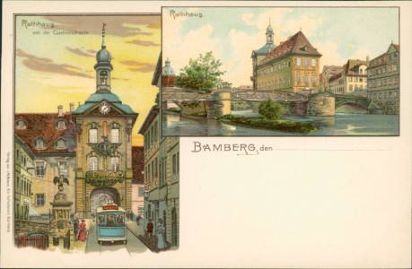 Alte Ansichtskarte Bamberg, Rathaus von der Carolinenstrasse mit Straßenbahn, Rathaus