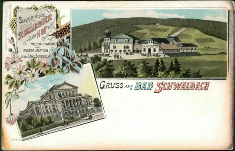 Alte Ansichtskarte Gruss aus Bad Schwalbach, Sommerfrische Schwalbacher Hof, Milchkuranstalt und Restauration, Bes. Carl Sottocasa