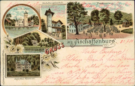 Alte Ansichtskarte Gruss aus Aschaffenburg, Schloss Mespelbrunn, Büchelberghäuschen, Fasanerie, Schönbusch, Jagdschloss Rohrbrunn