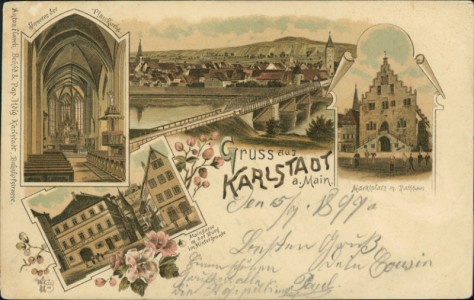 Alte Ansichtskarte Gruss aus Karlstadt a. Main, Inneres der Pfarrkirche, Marktplatz m. Rathaus, Maingasse m. der Burg im Hintergrunde