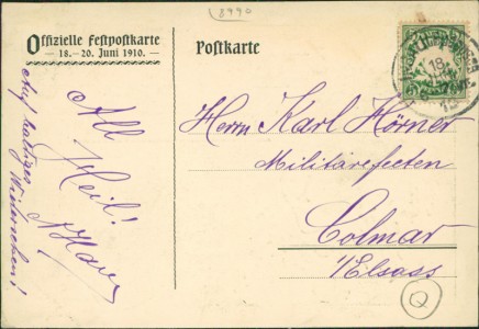 Adressseite der Ansichtskarte Lindau i/B., XXV. Allgäuer Gauturnfest. 40. Gründungsfest des Turnvereins Lindau i/B. Offizielle Festpostkarte. 18.-20. Juni 1910