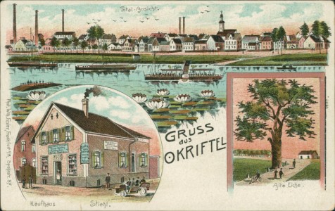 Alte Ansichtskarte Gruss aus Okriftel, Total-Ansicht, Kaufhaus Stiehl, Alte Eiche