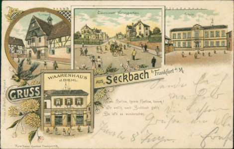 Alte Ansichtskarte Gruss aus Seckbach b. Frankfurt a/M., Rathaus, Taunusstr. Heimgarten, Schule, Warenhaus J. Diehl