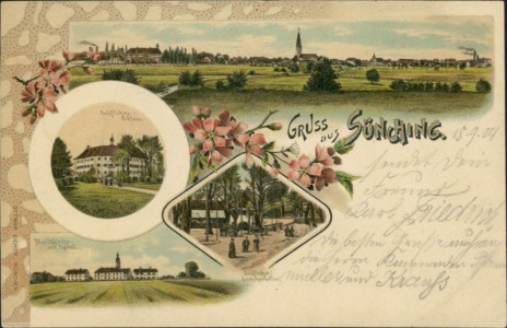 Alte Ansichtskarte Gruss aus Sünching, Gesamtansicht, Gräfliches Schloss, Gräflicher Sommerkeller, Moritzkirche mit Spital