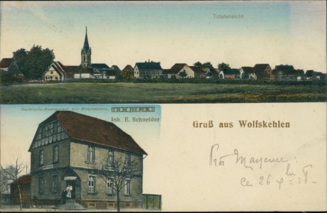 Alte Ansichtskarte Gruß aus Wolfskehlen, Totalansicht, Bahnhofs-Restaurant zur Rheinebene. Inh. E. Schneider