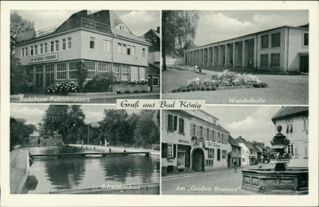 Alte Ansichtskarte Gruß aus Bad König, Badehaus-Fafnirbrunnen, Wandelhalle, Schwimmbad, Am "Großen Brunnen"