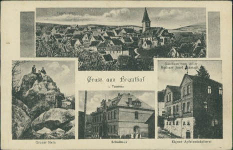 Alte Ansichtskarte Gruss aus Bremthal, Totalansicht, Grauer Stein, Schulhaus, Gasthaus zum Adler