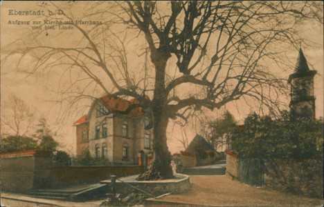 Alte Ansichtskarte Eberstadt b. D., Aufgang zur Kirche mit Pfarrhaus und hist. Linde