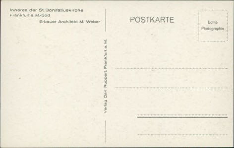 Adressseite der Ansichtskarte Frankfurt a. M.-Süd, Inneres der St. Bonifatiuskirche. Erbauer Architekt M. Weber