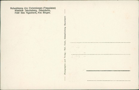 Adressseite der Ansichtskarte Ockenheim, Notwohnung des Cistercienser-(Trappisten) Klosters Jakobsberg