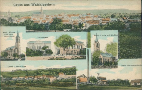 Alte Ansichtskarte Gruss aus Waldalgesheim, Kath. Kirche und kath. Vereinshaus, Pfarrhäuser, Evang. Kirche und Kirchhof, Grube Amalienhöhe, Grube Hermannschacht