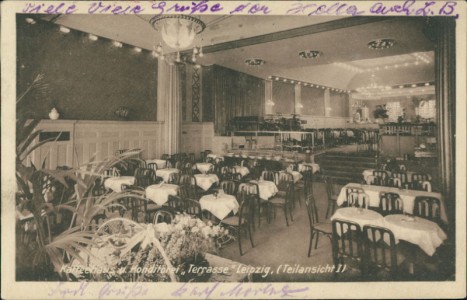 Alte Ansichtskarte Leipzig, Dittrichring 1, Kaffeehaus u. Konditorei "Terrasse". Besitzer: FritzPechmann. Fernruf 24708