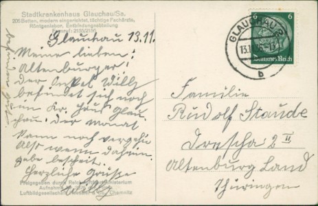 Adressseite der Ansichtskarte Glauchau, Stadtkrankenhaus