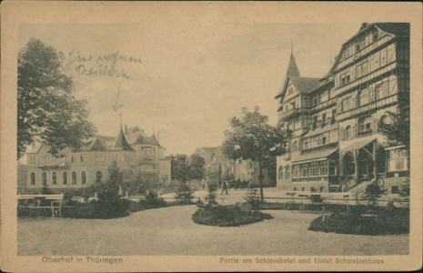 Alte Ansichtskarte Oberhof in Thüringen, Partie am Schlosshotel und Hotel Schweizerhaus