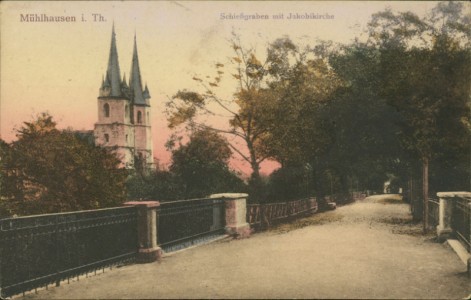 Alte Ansichtskarte Mühlhausen i. Th., Schießgraben mit Jakobikirche