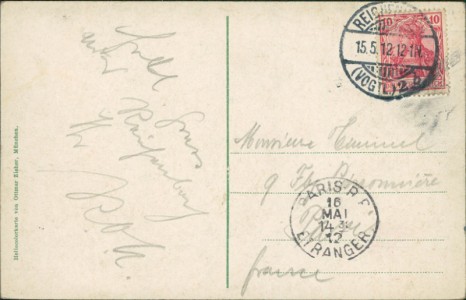 Adressseite der Ansichtskarte Reichenbach i. V., Kaiserl. Postamt u. König Albert Denkmal