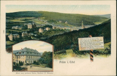 Alte Ansichtskarte Prüm i. Eifel, Hôtel zum goldenen Stern, Besitzer P. Hansen, Teilansicht