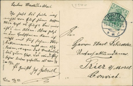 Adressseite der Ansichtskarte Prüm, Bischöfliches Convikt Prüm 1910