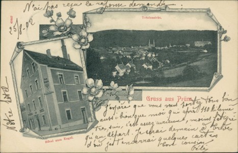 Alte Ansichtskarte Gruss aus Prüm, Hotel zum Engel, Totalansicht