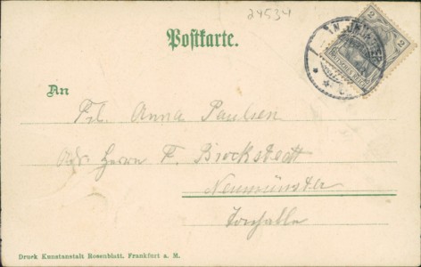 Adressseite der Ansichtskarte Gruss aus Neumünster, Grossflecken mit Post