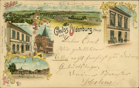 Alte Ansichtskarte Gruss aus Oldenburg i/Holst., Stadt Hamburg, Post, Scheibner's Hotel, Marktplatz