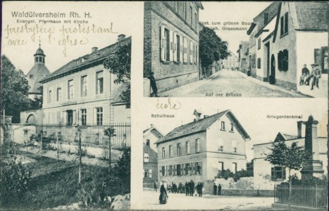 Alte Ansichtskarte Waldülversheim Rh. H., Evangel. Pfarrhaus mit Kirche, Rest. zum grünen Baum Inh. Grassmann, Auf der Brücke, Schulhaus, Kriegerdenkmal