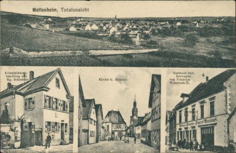 Alte Ansichtskarte Mettenheim, Totalansicht, Kolonialwarenhandlung von Gg. Schneider, Kirche u. Rathaus, Gasthaus zum Schwanen von Friedrich Weissbach II.