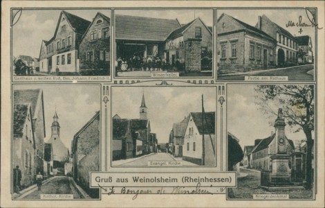 Alte Ansichtskarte Gruß aus Weinolsheim (Rheinhessen), Gasthaus z. weißen Roß, Bes. Johann Friedrich II., Winzerkeller, Partie am Rathaus, Kathol. Kirche, Evangel. Kirche, Kriegerdenkmal