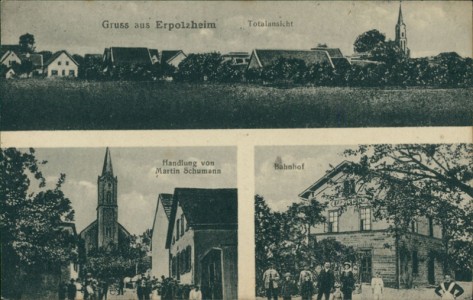 Alte Ansichtskarte Gruss aus Erpolzheim, Totalansicht, Handlung von Martin Schumann, Bahnhof